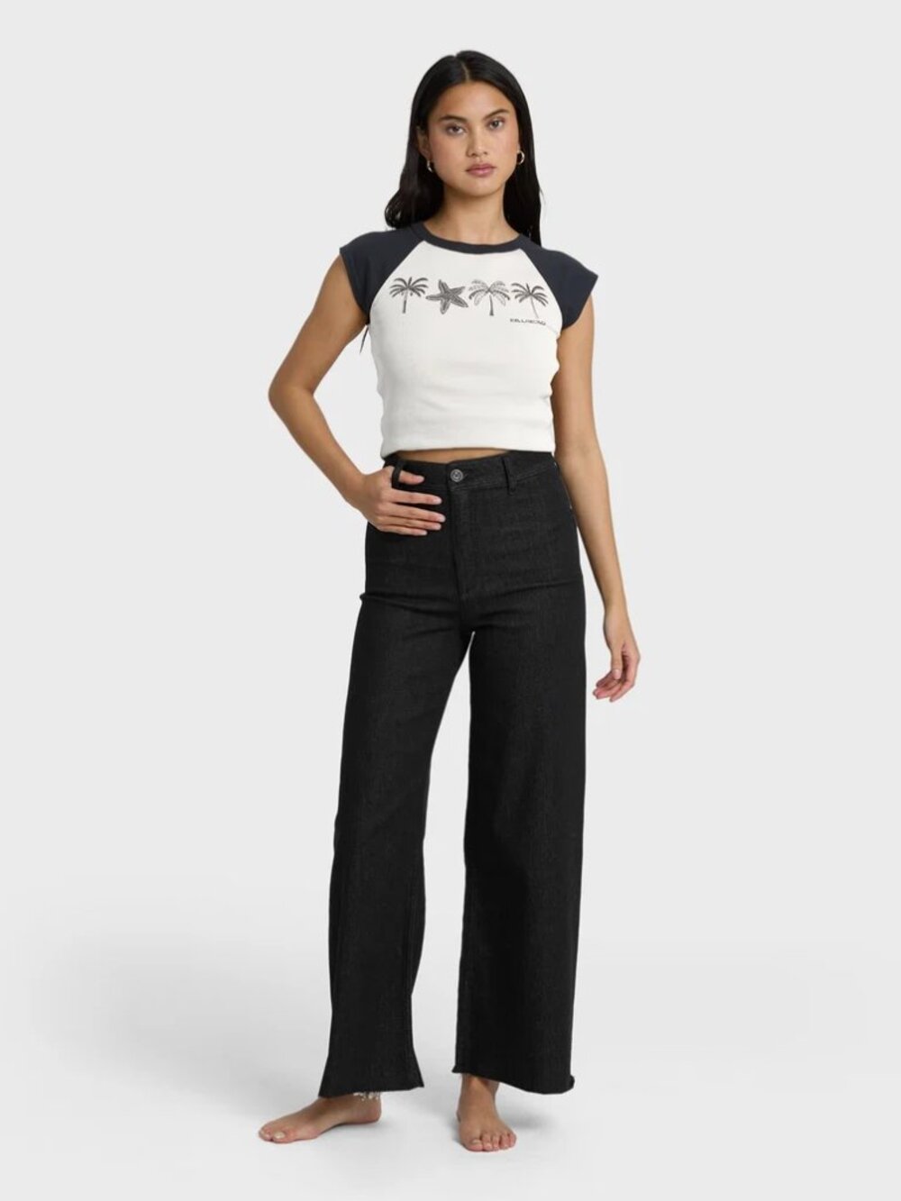 NWT Black sz 0 Billabong Free Fall High-Waist Twill Pants Wide Leg Raw Hem